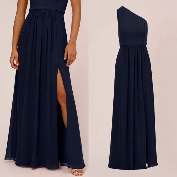Adrianna Papell Chiffon One Shoulder Maxi Dress Gown Pleated Navy Blue 14 - Picture 2 of 14